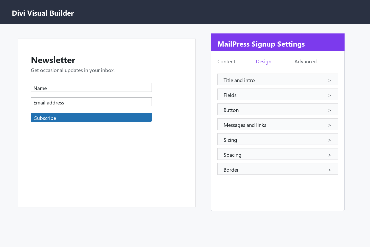 Divi MailPress module settings in the Divi Builder