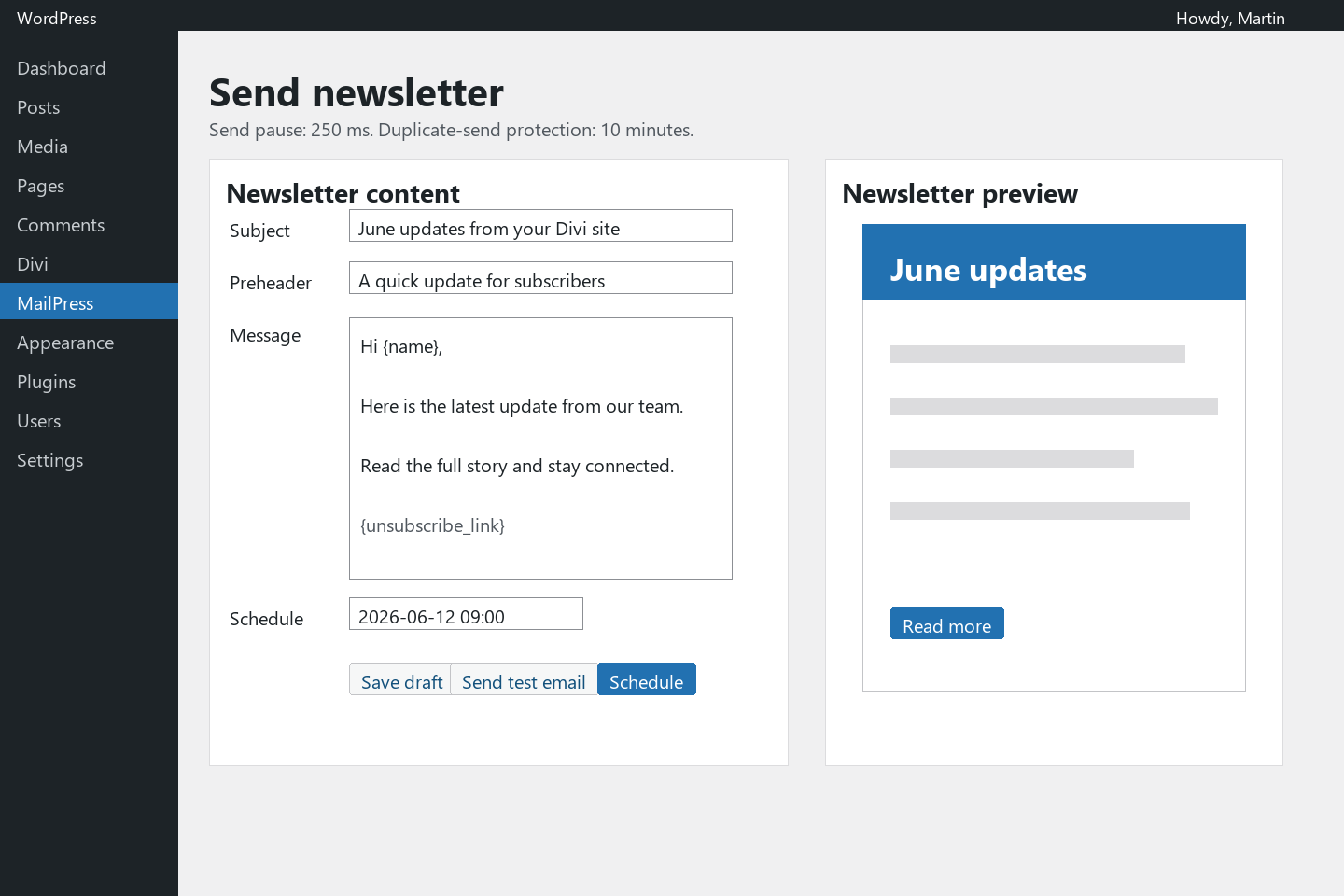 Divi MailPress newsletter composer screen