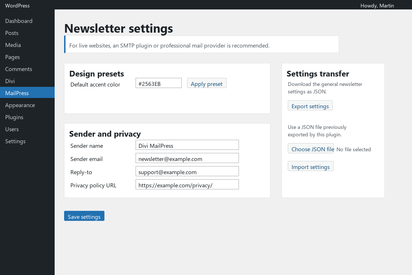 Divi MailPress settings screen