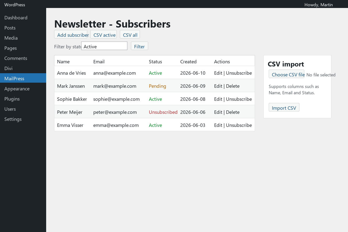 Divi MailPress subscribers admin screen